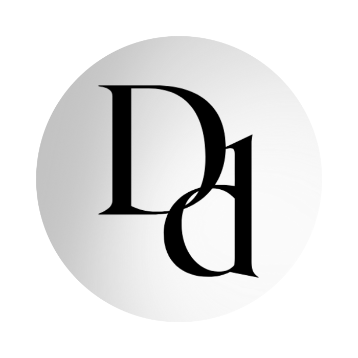 Black overlapping D and d letters on a light gray circular background.